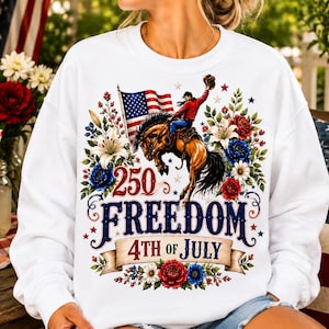 Freedom 250 Years PNG, Patriotic Cowgirl Rodeo Design, Western 4th Of July Sublimation Download
