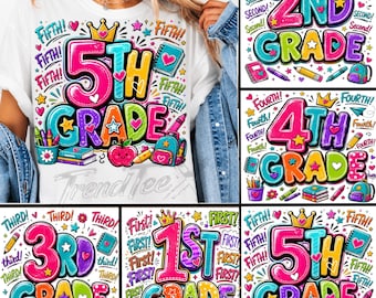 Paquete de imágenes PNG para grados escolares, PNG para primer, segundo, tercer, cuarto y quinto grado, diseños de camisetas para maestros para la vuelta al cole.