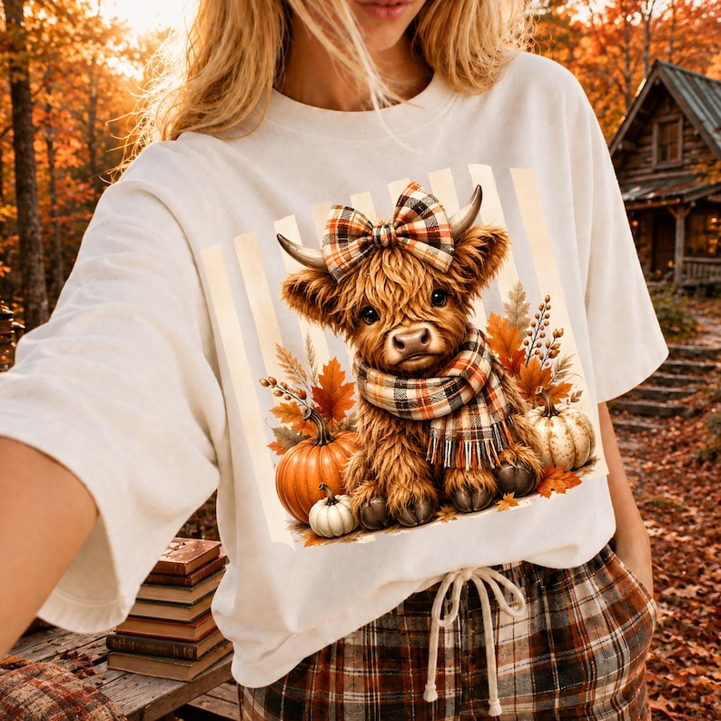 May include: A white t-shirt featuring a graphic of a fluffy brown highland cow wearing a plaid bow and scarf, surrounded by orange pumpkins and autumn leaves. The design is set against a background of vertical light-colored stripes.