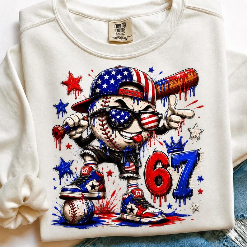 67 Meme PNG, Patriotic Baseball Design, Six Seven Bruh Shirt PNG, America 250 Anniversary Sublimation image 3