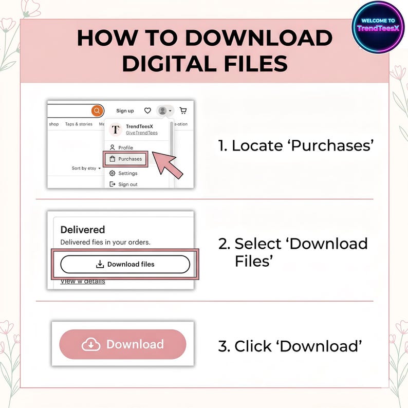 May include: A pink and white graphic with instructions on how to download digital files. The steps include locating 'Purchases', selecting 'Download Files', and clicking 'Download'. The image includes the text 'TrendTeesX'.