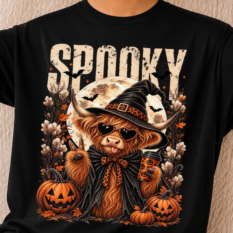 May include: A black t-shirt featuring a graphic of a fluffy Highland cow wearing a witch hat, heart-shaped sunglasses, and a cape. The cow holds a coffee cup and makes a peace sign. The text SPOOKY appears above, with pumpkins and a moon.