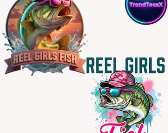 Paquete PNG de Reel Girls Fish, diseño divertido de sublimación de pesca para mujeres, gráfico de lubina con gafas de sol rosas, descarga digital de pescadora.
