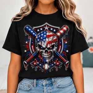 Patriotic Baseball Skull PNG, American Flag Baseball PNG, 4th of July Baseball Sublimation, USA Sports Shirt Design image 4