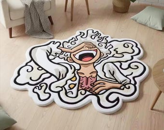 Anime Teppich Ruffy Gear 5, Handgetufteter Teppich, Sun God Nika Tufting Rug, Otaku Zimmer Deko, Geschenk für Anime Fans