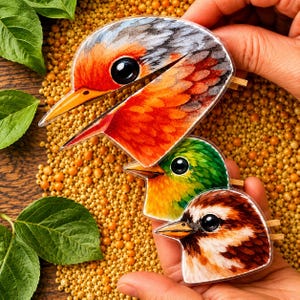 Op de afbeelding: Drie decoratieve vogelhoofd speldjes met aquarelontwerp. De speldjes hebben levendige oranje, groene en bruine tinten, met zwarte ogen en gele snavels. De speldjes zijn geplaatst tegen een achtergrond van kleine, goudkleurige kralen.