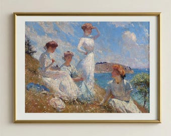 Romantic Seaside Women Wall Art, Impressionist Feminine Figures Print, Elegant Coastal Gathering Painting, Vintage Bedroom Wall Decor