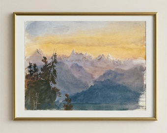 Muted Blue and Golden Mountain Watercolor Art Print, Quiet Vintage Landscape for Office Decor