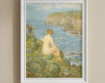Soft Impressionist Nude Wall Art, Vintage Seascape Figure Print, Feminine Summer Coastal Painting, Refined Entryway Wall Decor