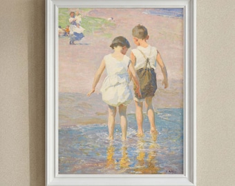 Nostalgic Seaside Children Wall Art, Summer Vibes Beach Print, Coastal Childhood Art Print, Airy Entryway Wall Decor