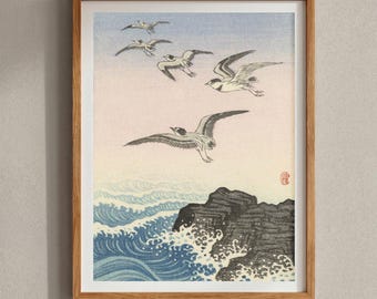 Japanese Bird Wall Art, Ocean Wave Print, Minimalist Coastal Artwork, College Dorm Wall Decor, Small Bedroom Makeover