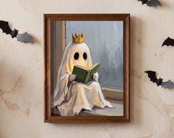 Crowned Bookish Ghost Original Oil Painting, Hand-Painted Dreamy Halloween Wall Art, Soft Whimsical Kids’ Room Decor