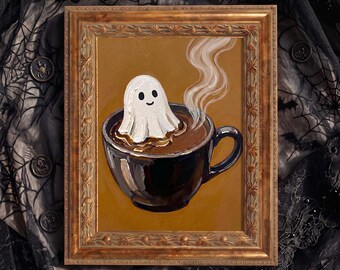 Cute Coffee Ghost Original Oil Painting, Whimsical Fall Wall Art, Cozy Halloween Coffee Bar Decor，Gift for Cozy Home Lovers