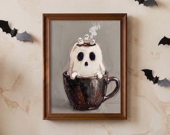 Spooky Ghost in a Mug Original Painting, Cozy Halloween Coffee Art Hand-Painted in Oil for Kitchen Decor