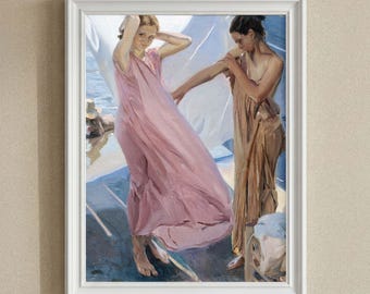 Soft Pink Seaside Women Art Print, Feminine Modern Beach Wall Art, Coastal Summer Ocean Painting, Airy Bathroom Decor