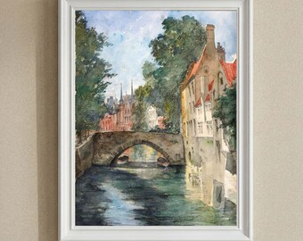 Romantic European Village Wall Art, Warm Canal Print, Peaceful Watercolor Landscape Painting, Cozy Classroom Wall Decor, Back to School Gift