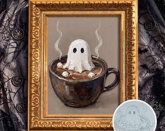 Original Cute Ghost in Mug Oil Painting, Whimsical Halloween Marshmallow Cocoa Art, Funny Decor for Cozy Corners