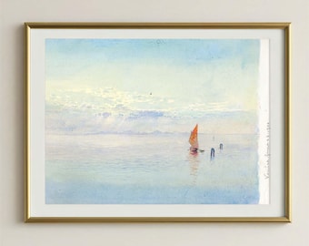 Pale Aqua Sailboat Watercolor Art Print, Breezy Summer Seascape with Muted Coral Accent for Coastal Decor