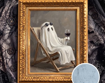 Original Funny Ghost Drinking Wine Oil Painting, Cute Halloween Textured Wall Art, Festive Decor for Wine Lovers