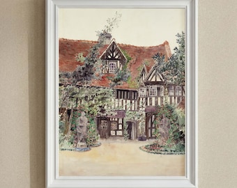 Nostalgic Tudor Cottage Watercolor Painting, Rustic Courtyard Art, Romantic Architectural Print, Reading Nook Decor, Back to School Gift