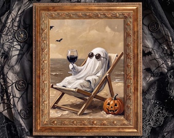 Chill Beach Ghost Original Oil Painting, Funny Coastal Halloween Wall Art, Cute Spooky Gift for Wine Lovers, Mini Neutral Art for Home Bar