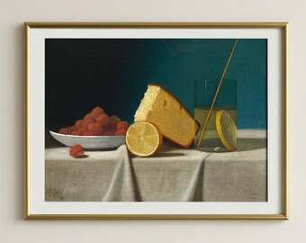 Vintage Lemon and Cake Wall Art, Refined Kitchen Still Life Print, Cozy Summer Dessert Painting, Moody Decor for Kitchen
