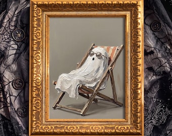 Chill Ghost in a Deck Chair Original Oil Painting, Playful Neutral Halloween Art for Sideboard Decor