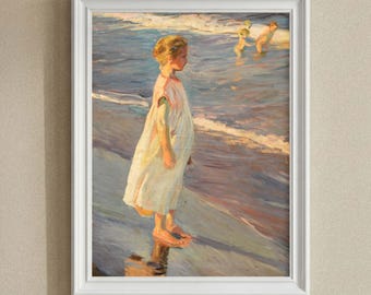 Sunlit Beach Girl Wall Art, Impressionist Ocean Wave Print, Golden Summer Seaside Painting, Vintage Bathroom Wall Decor