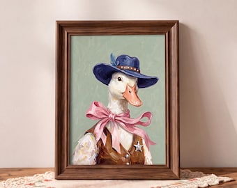 Retro Cowgirl Duck Original Oil Painting, Pink Bow Western Animal Wall Art, Whimsical Cottagecore Kitchen Nook Decor