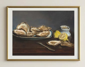 Coastal Oyster and Lemon Wall Art, Vintage Summer Seafood Print, Rustic Still Life Painting, Cozy Home Decor for Kitchen
