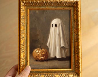 Cozy Ghost and Pumpkin Original Oil Painting, Cute Neutral Halloween Wall Art