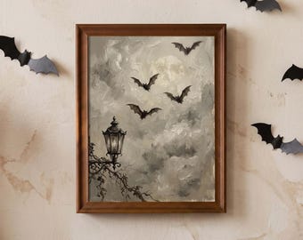Monochrome Bat Original Oil Painting, Hand-Painted Misty Halloween Art, Quiet Gothic Moon and Victorian Street Lamp Wall Decor