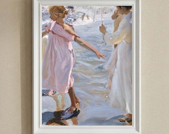 Sunlit Summer Beach Wall Art, Feminine Seaside Stroll Print, Soft Coastal Scene Painting, Breezy Home Decor for the Bathroom
