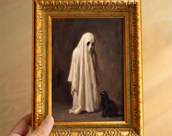 Hand-Painted Ghost with Black Cat Wall Art for Halloween Home Decor Pet Lover Gift