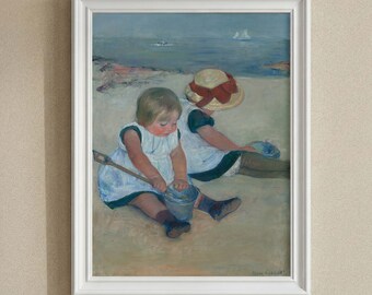 Nostalgic Beach Children Art Print, Soft Summer Childhood Memory Painting, Coastal Nursery Wall Decor, Thoughtful Pregnancy Gift