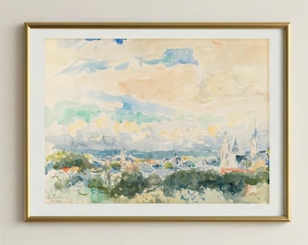 Peaceful Watercolor Cityscape Print, Serene City Horizon Wall Art, Abstract Skyline Painting, Dreamy Office Decor, Back to School Gift
