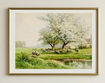 Soft Farmhouse Landscape Print, Sunlit Sheep Meadow Wall Art, Soothing Country Field Art, Teacher Office Decor, Back to School Gift