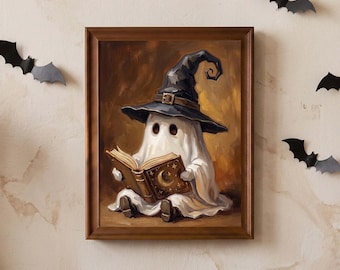 Bookish Ghost Original Oil Painting, Hand-Painted Whimsical Halloween Wall Art, Witch Hat and Spellbook, Cozy Spooky Reading Nook Decor