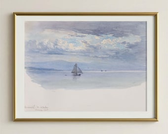 Muted Gray Blue Sailboat Art Print, Quiet Minimal Watercolor Seascape for Entryway Decor