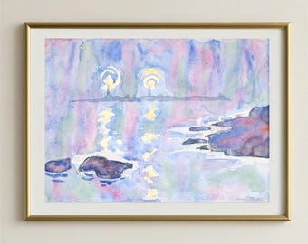 Soft Pastel Lake Wall Art, Abstract Waterscape Print, Dreamy Landscape Painting, Kids Reading Nook Art, Back to School Gift