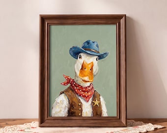 Cowboy Duck Original Oil Painting, Framed Funny Western Animal Wall Art, Retro Kitsch Decor for a Farmhouse Kitchen