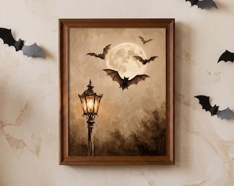 Moody Gothic Bat Original Oil Painting, Hand-Painted Vintage Halloween Wall Art, Neutral Spooky Moon and Lantern Decor for Sideboard Wall