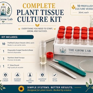 以下が含まれることがあります： The Grow Labの植物組織培養キット。赤いキャップ付きの30ml培養容器10個、使い捨てメス、ステンレス製ピンセット、3インチのガラス製円形プレートが含まれています。滅菌済み培地とツールがセットになった植物組織培養キットです。