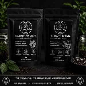 May include: Two black stand-up pouches labeled Grow Lab by Seeds & Sunshine. One is an Acclimation Blend for house plants and seedlings, the other a Growth Blend for vegetables and young plants. Each contains 2 dry quarts of potting soil mix.