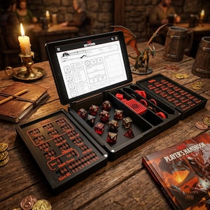 May include: A black electronic gaming organizer featuring a tablet displaying a D&D Beyond character sheet, a set of red and black polyhedral dice, and integrated panels with red illuminated text for tracking character stats and game mechanics.