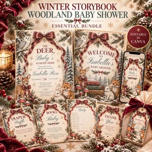 Puede incluir: Un conjunto de papelería Winter Storybook Woodland Baby Shower con tarjetas ilustradas de ciervos, zorros, conejos, búhos y pinos. El texto incluye 'Oh Deer, Baby's Almost Here', 'Welcome to Isabella's Baby Shower' y 'Editable in Canva'.
