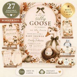 Puede incluir: Un conjunto de 27 plantillas editables para baby shower con una ilustración de ganso, follaje otoñal y calabazas. El set incluye un cartel de bienvenida, invitación, etiquetas de recuerdo, etiquetas de agua, juegos y adornos para cupcakes.