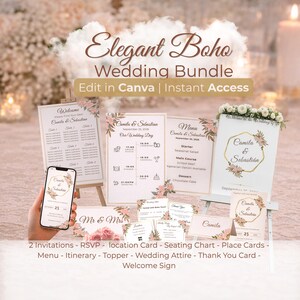 Boho Wedding Invitation Template Bundle, Editable Canva Wedding Suite, Rustic Floral Wedding Invite, Instant Download, Printable Set