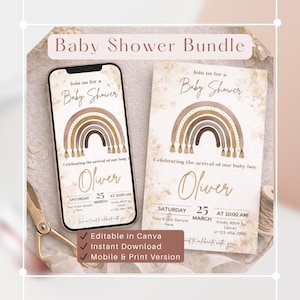 Puede incluir: Un paquete para baby shower con un teléfono inteligente y una tarjeta de invitación. Ambos muestran un diseño de arcoíris con el texto "Baby Shower" y los detalles del evento. El paquete incluye plantillas editables de Canva, descarga instantánea y versiones móvil e imprimible.