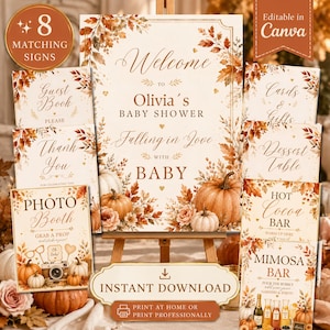 Puede incluir: Una colección de letreros imprimibles para baby shower con temática otoñal, hojas naranjas y marrones, calabazas y detalles dorados. Los letreros incluyen textos como Welcome to Olivia's Baby Shower, Guest Book, Cards & Gifts y Dessert Table.
